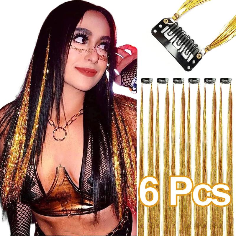 6pcs Y2K Tinsel Hair Extension Glitter Rainbow Synthetic Clip In Hair for Party