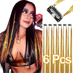 6pcs Y2K Tinsel Hair Extension Glitter Rainbow Synthetic Clip In Hair for Party