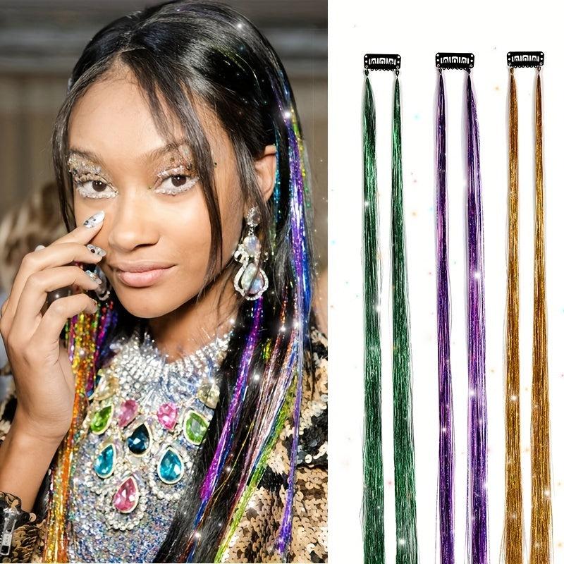 6pcs Y2K Tinsel Hair Extension Glitter Rainbow Synthetic Clip In Hair for Party