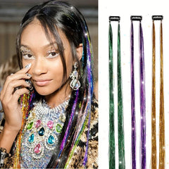 6pcs Y2K Tinsel Hair Extension Glitter Rainbow Synthetic Clip In Hair for Party