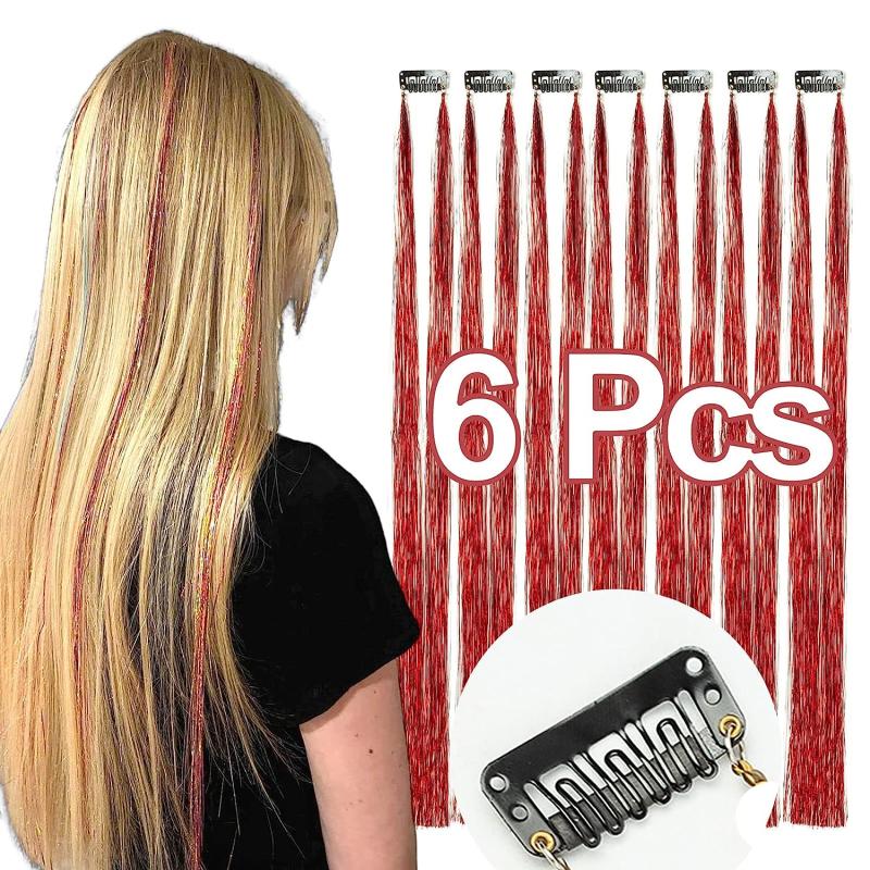 6pcs Y2K Tinsel Hair Extension Glitter Rainbow Synthetic Clip In Hair for Party