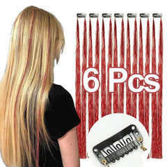 6pcs Y2K Tinsel Hair Extension Glitter Rainbow Synthetic Clip In Hair for Party