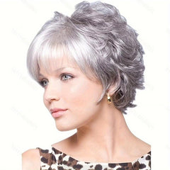 Short Grey Pixie Cut Wigs Layered Synthetic Hair Mixed Gray Wig With Bangs