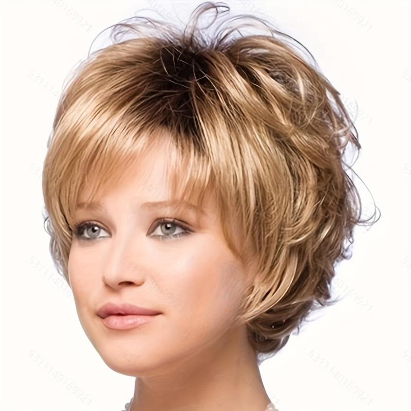 Short Grey Pixie Cut Wigs Layered Synthetic Hair Mixed Gray Wig With Bangs