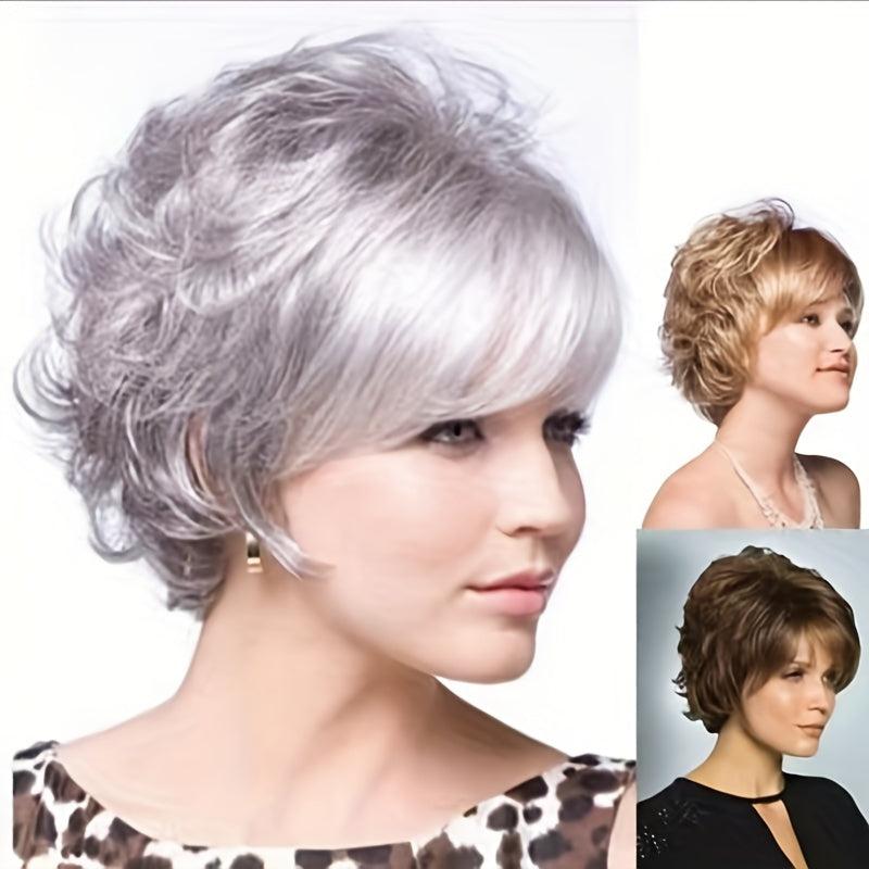 Short Grey Pixie Cut Wigs Layered Synthetic Hair Mixed Gray Wig With Bangs
