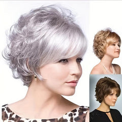 Short Grey Pixie Cut Wigs Layered Synthetic Hair Mixed Gray Wig With Bangs