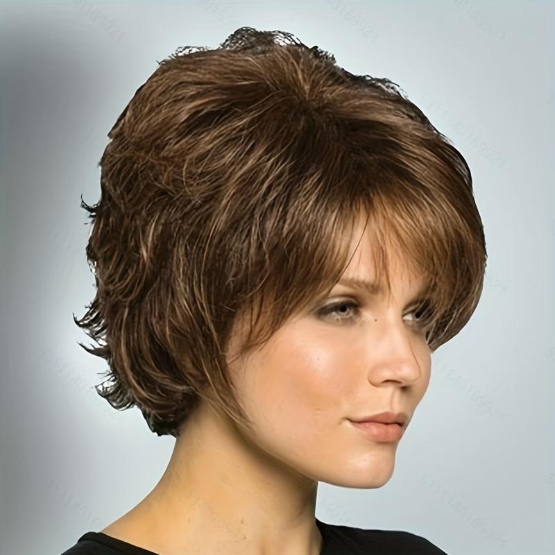 Short Grey Pixie Cut Wigs Layered Synthetic Hair Mixed Gray Wig With Bangs