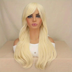 60cm Long Curly Blonde Synthetic Wig with Bangs for Women