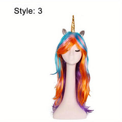 Rainbow Hair Unicorn Wig Cosplay Wig Long Curly Wavy Synthetic Hair For Women
