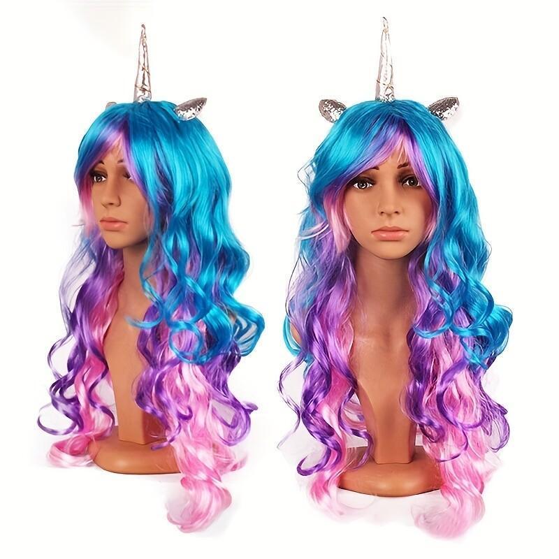 Rainbow Hair Unicorn Wig Cosplay Wig Long Curly Wavy Synthetic Hair For Women
