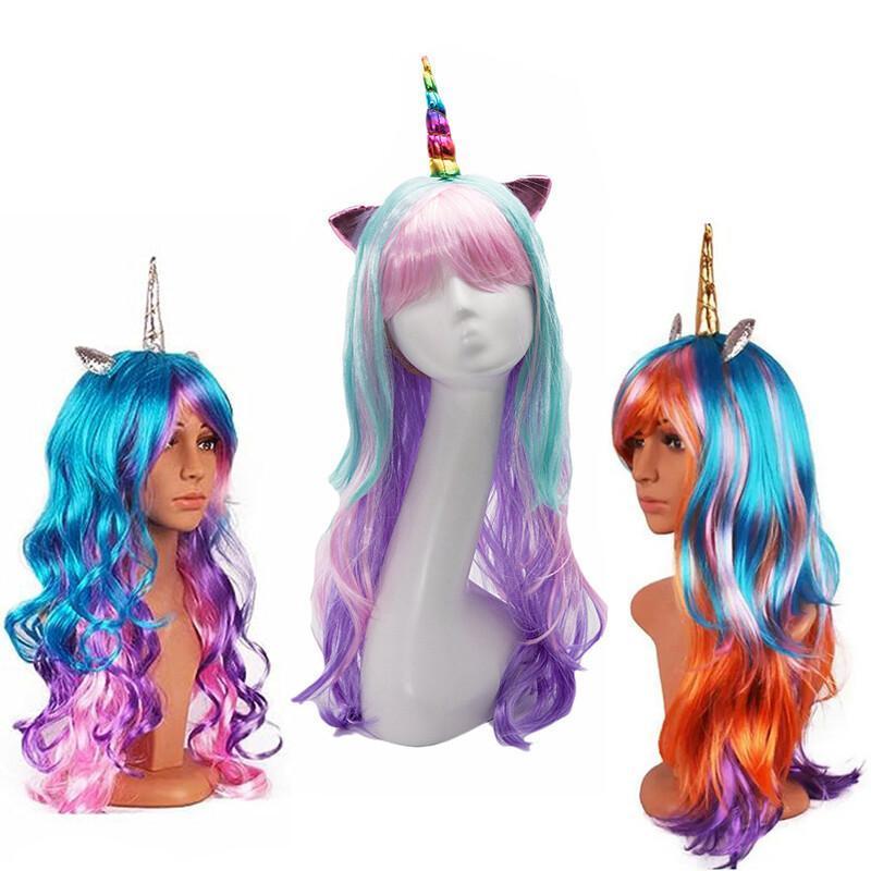 Rainbow Hair Unicorn Wig Cosplay Wig Long Curly Wavy Synthetic Hair For Women