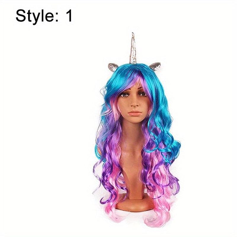Rainbow Hair Unicorn Wig Cosplay Wig Long Curly Wavy Synthetic Hair For Women