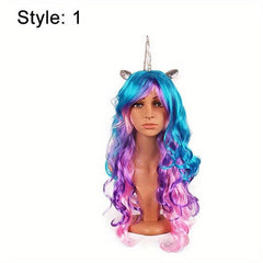 Rainbow Hair Unicorn Wig Cosplay Wig Long Curly Wavy Synthetic Hair For Women