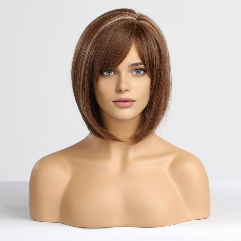 Short Brown Bob Wigs For Women Side Part Synthetic Wigs Natural Looking Hair Wig