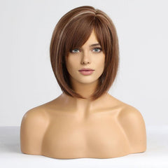Short Brown Bob Wigs For Women Side Part Synthetic Wigs Natural Looking Hair Wig