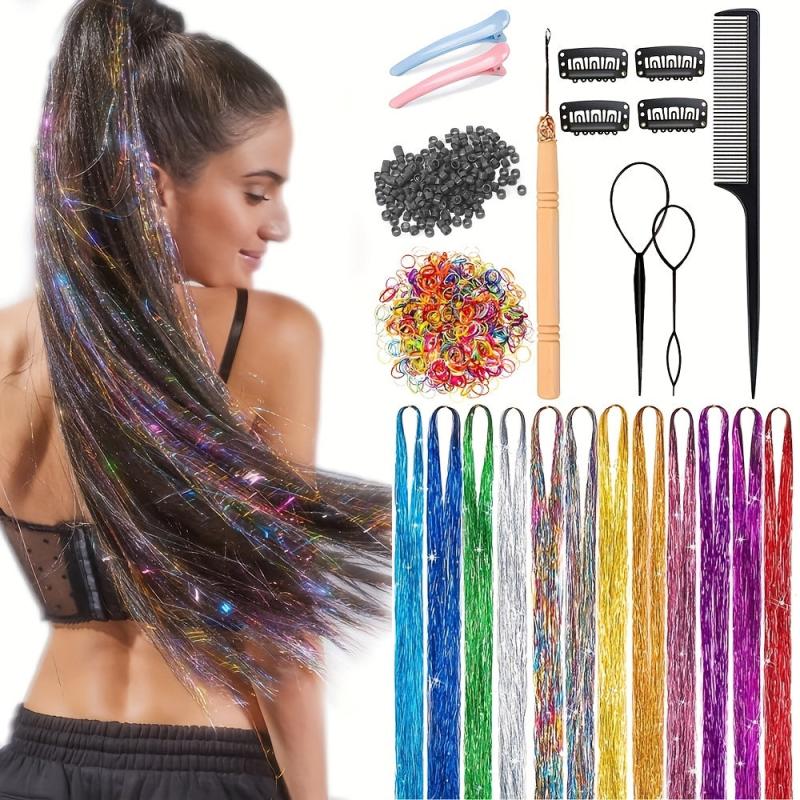 12 Colors Hair Tinsel Kit with Tools - Glitter Tinsel Extensions