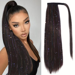 66cm Long Straight Ponytail Wrap Around Hair Extensions with Tinsel