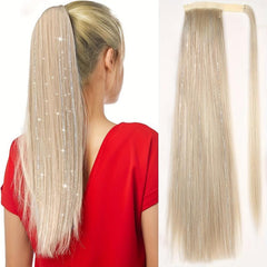 66cm Long Straight Ponytail Wrap Around Hair Extensions with Tinsel