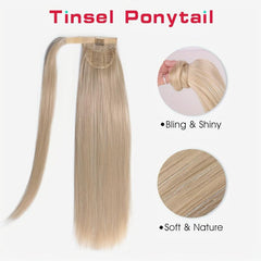66cm Long Straight Ponytail Wrap Around Hair Extensions with Tinsel