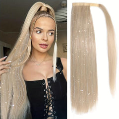66cm Long Straight Ponytail Wrap Around Hair Extensions with Tinsel
