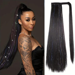 66cm Long Straight Ponytail Wrap Around Hair Extensions with Tinsel