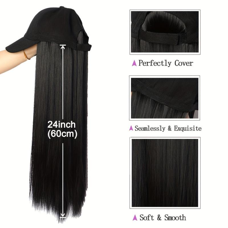 Long Straight Hair Hat Wigs 60 96 Cm With Baseball Cap Synthetic For Women