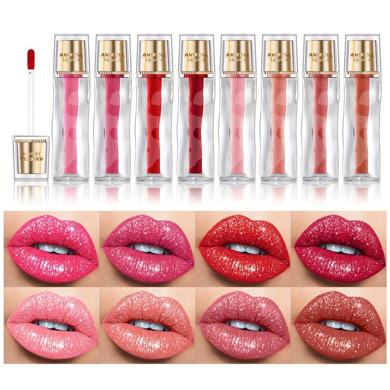 8-Piece Glitter Lip Gloss Set Waterproof Non Stick Cup Lip Glaze