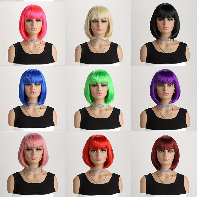 Short Straight Bob Wigs With Bangs Synthetic Heat Resistant Hair Wig
