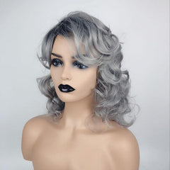 Grey Shoulder Length Curly Wigs Halloween Costume Party Synthetic Fiber Wigs