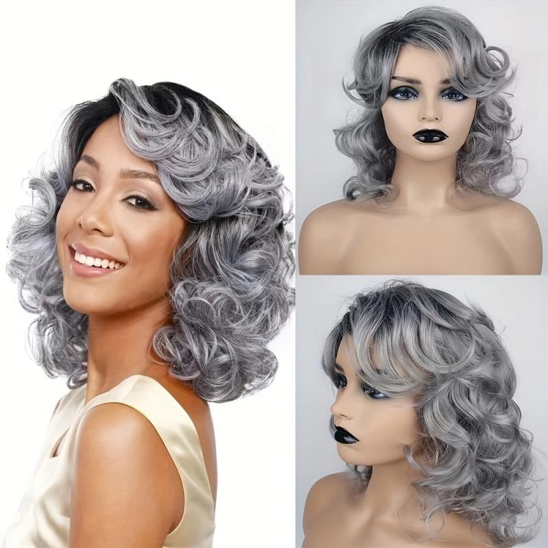 Grey Shoulder Length Curly Wigs Halloween Costume Party Synthetic Fiber Wigs