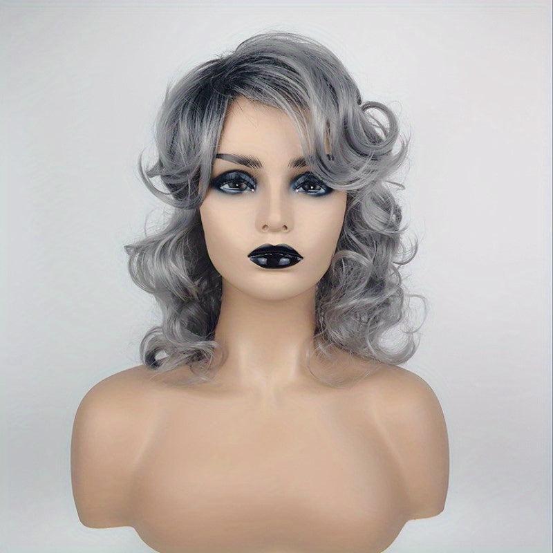 Grey Shoulder Length Curly Wigs Halloween Costume Party Synthetic Fiber Wigs
