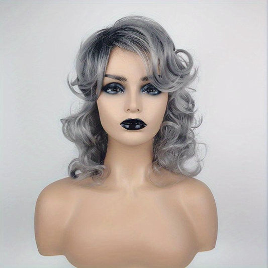 Grey Shoulder Length Curly Wigs Halloween Costume Party Synthetic Fiber Wigs