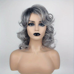 Grey Shoulder Length Curly Wigs Halloween Costume Party Synthetic Fiber Wigs
