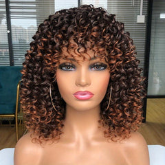Short Afro Kinky Curly Hair Wigs With Bangs Ombre Glueless Curly Bob Wigs