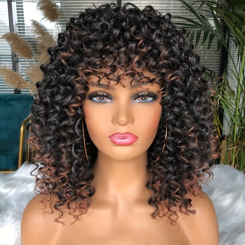 Short Afro Kinky Curly Hair Wigs With Bangs Ombre Glueless Curly Bob Wigs