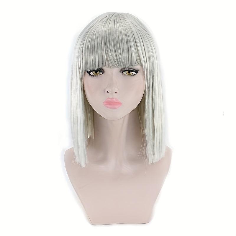 Straight Bob Cut Wigs With Bangs Shoulder Length Synthetic Fiber Rose Net Wigs