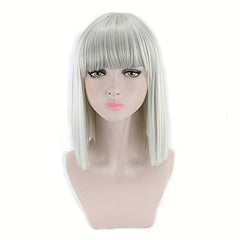 Straight Bob Cut Wigs With Bangs Shoulder Length Synthetic Fiber Rose Net Wigs