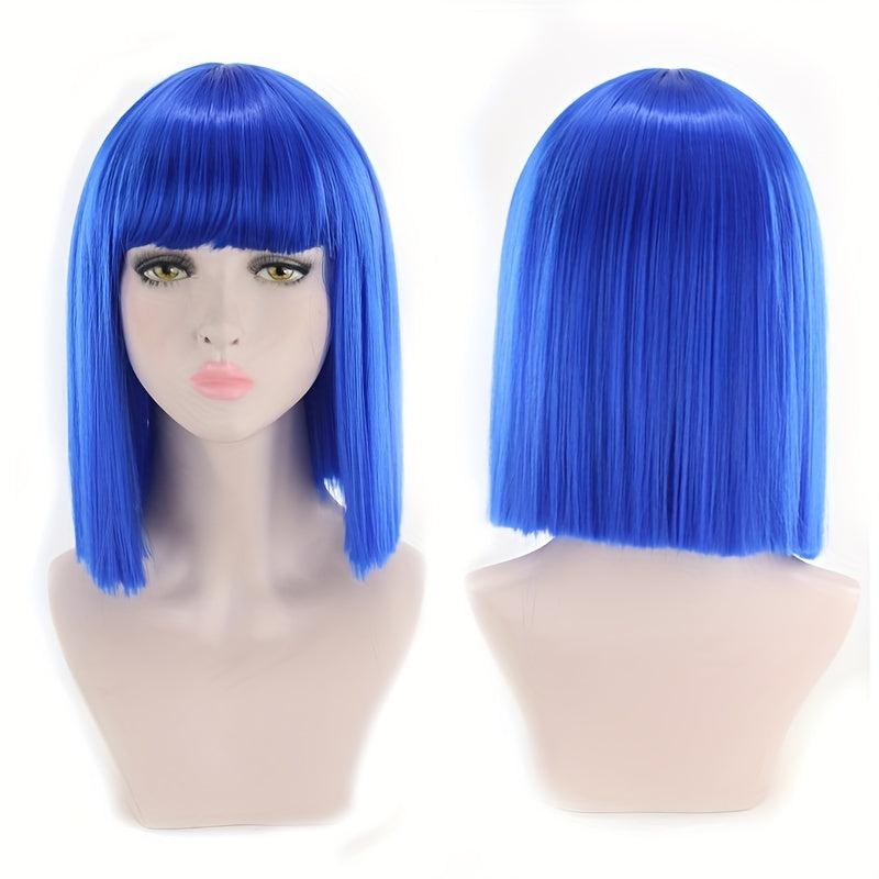 Straight Bob Cut Wigs With Bangs Shoulder Length Synthetic Fiber Rose Net Wigs