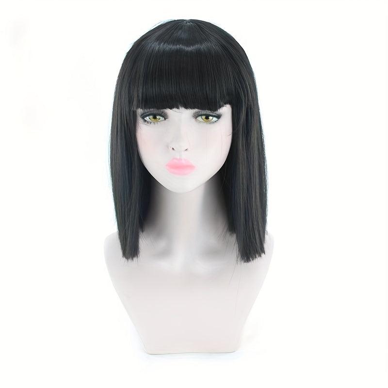 Straight Bob Cut Wigs With Bangs Shoulder Length Synthetic Fiber Rose Net Wigs