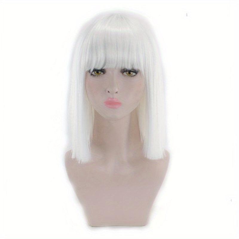 Straight Bob Cut Wigs With Bangs Shoulder Length Synthetic Fiber Rose Net Wigs