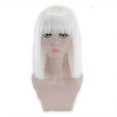 Straight Bob Cut Wigs With Bangs Shoulder Length Synthetic Fiber Rose Net Wigs