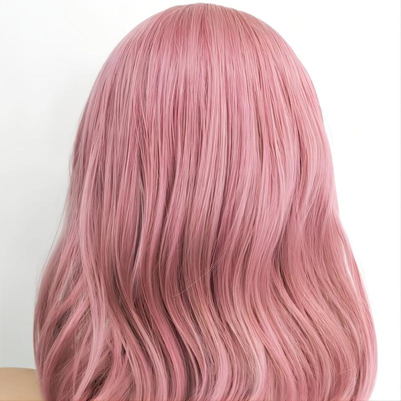 Short Pink Wig With Bangs Shoulder Length Synthetic Cosplay Wig