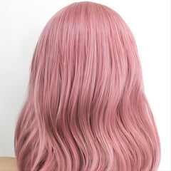 Short Pink Wig With Bangs Shoulder Length Synthetic Cosplay Wig