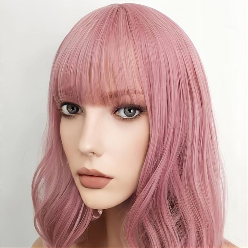 Short Pink Wig With Bangs Shoulder Length Synthetic Cosplay Wig