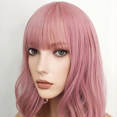 Short Pink Wig With Bangs Shoulder Length Synthetic Cosplay Wig