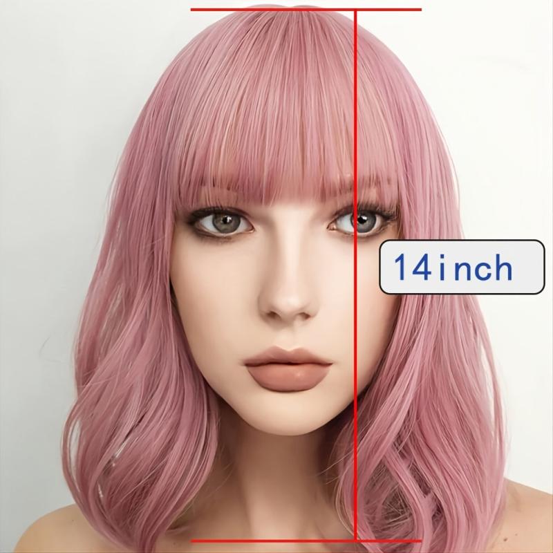 Short Pink Wig With Bangs Shoulder Length Synthetic Cosplay Wig