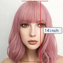 Short Pink Wig With Bangs Shoulder Length Synthetic Cosplay Wig