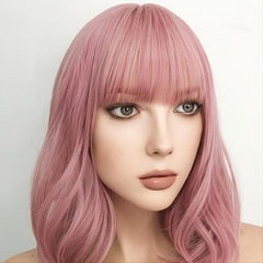 Short Pink Wig With Bangs Shoulder Length Synthetic Cosplay Wig