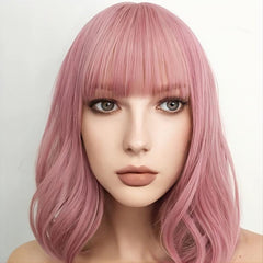 Short Pink Wig With Bangs Shoulder Length Synthetic Cosplay Wig