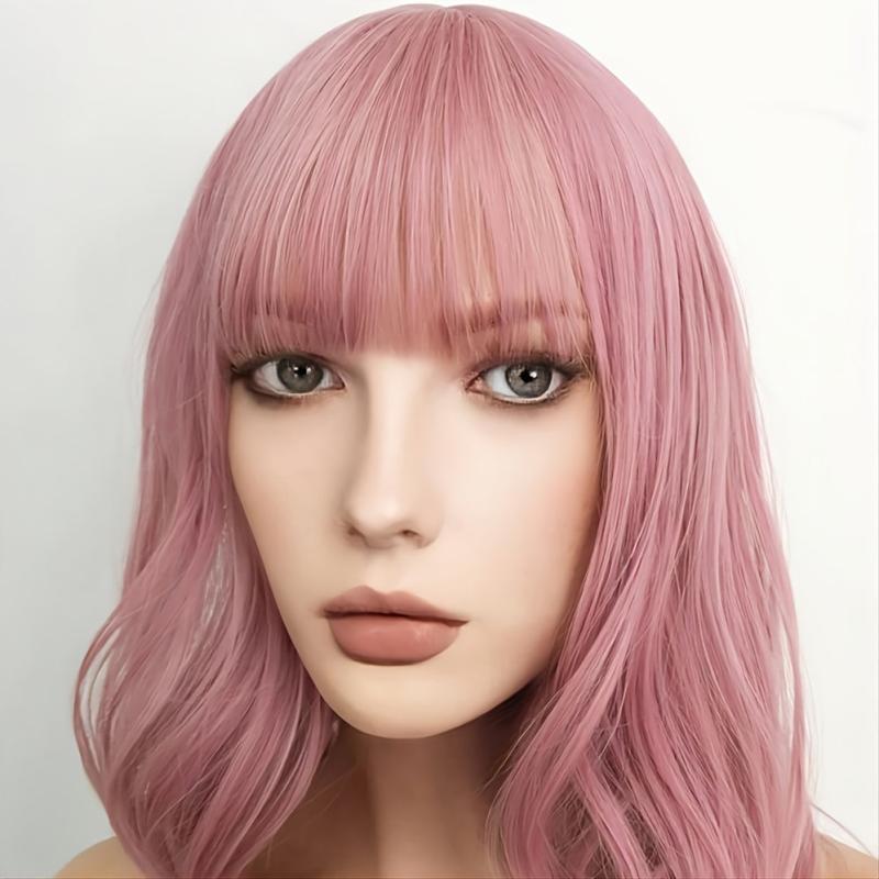 Short Pink Wig With Bangs Shoulder Length Synthetic Cosplay Wig